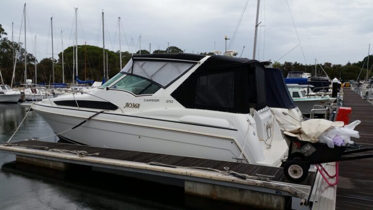 Cruiser with a custom canopy and covers at the marina